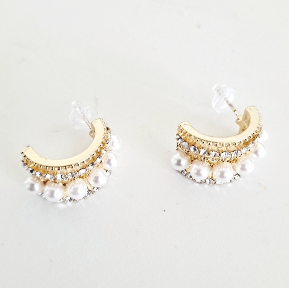 Gold Half Hoop Earrings Pearl Rhinestone Coquette Bridal Wedding Cocktail 💖 - Picture 10 of 16